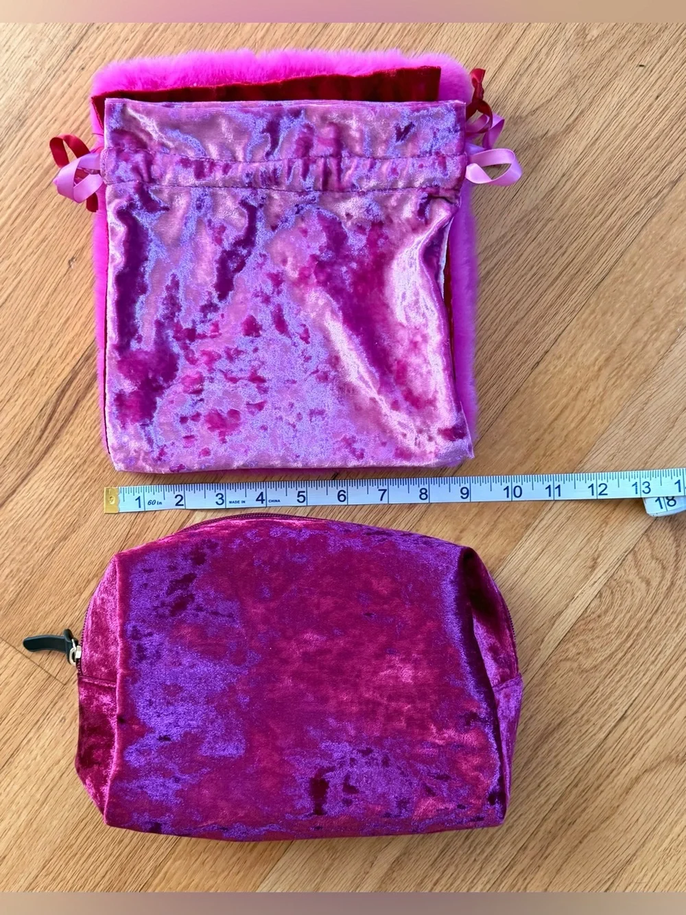 Assorted Pink and Red Velvet Drawstring Bags and Pouch Set